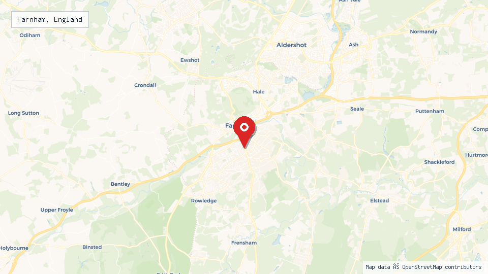 Street map of Farnham, England with location pin