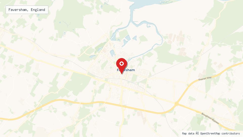 Street map of Faversham, England with location pin