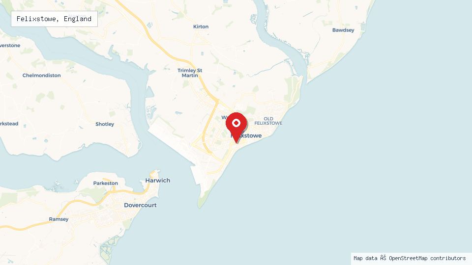 Street map of Felixstowe, England with location pin