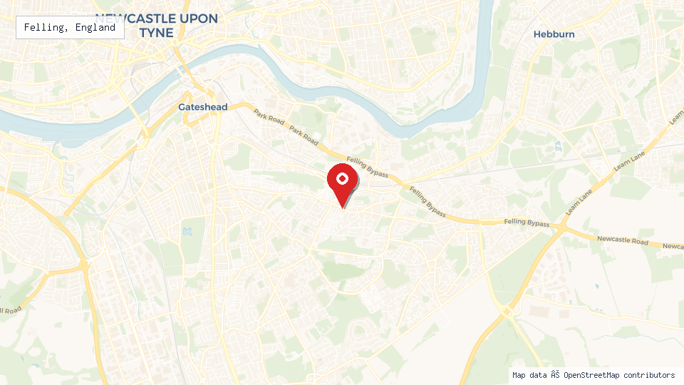 Street map of Felling, England with location pin