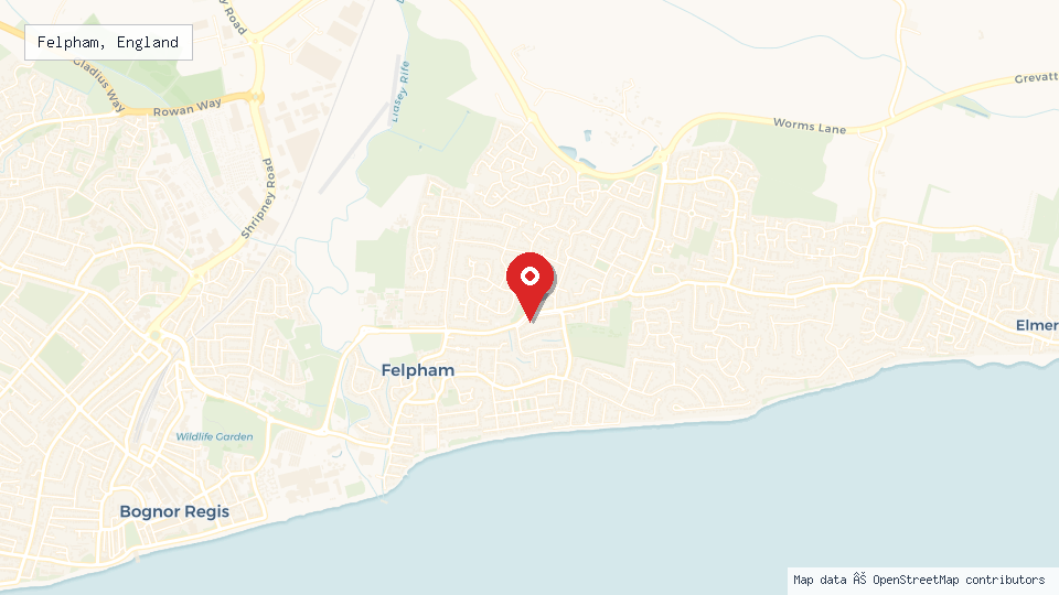 Street map of Felpham, England with location pin
