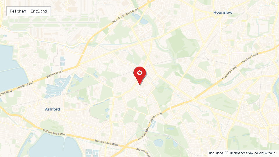 Street map of Feltham, England with location pin