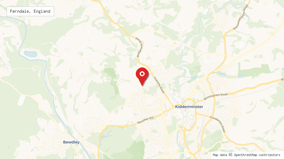 Street map of Ferndale, England with location pin