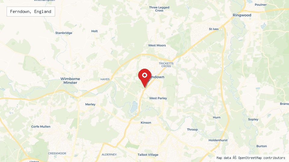 Street map of Ferndown, England with location pin
