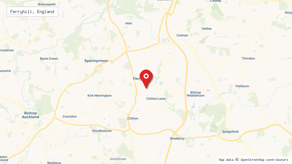 Street map of Ferryhill, England with location pin
