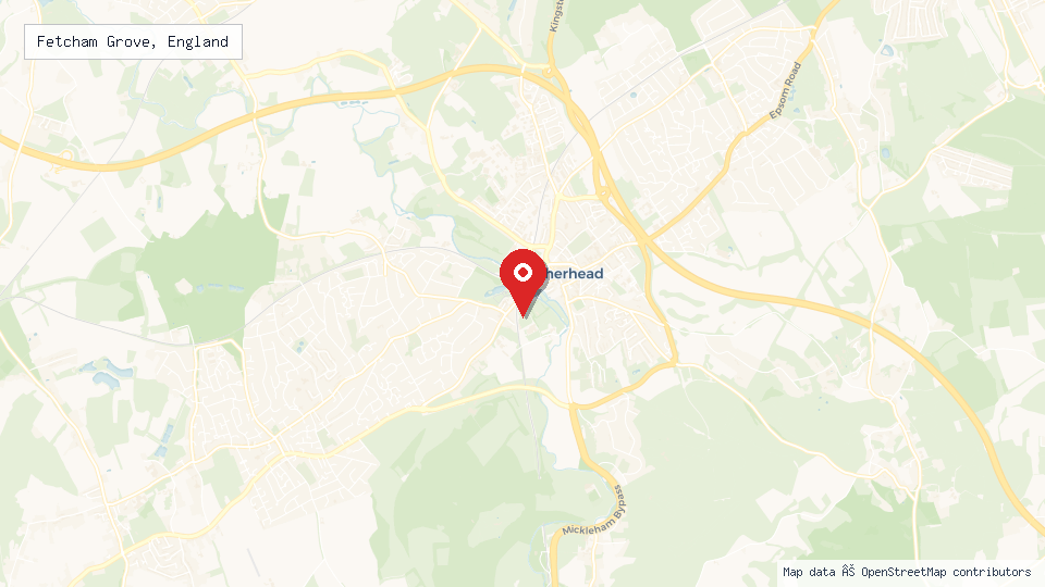 Street map of Fetcham Grove, England with location pin