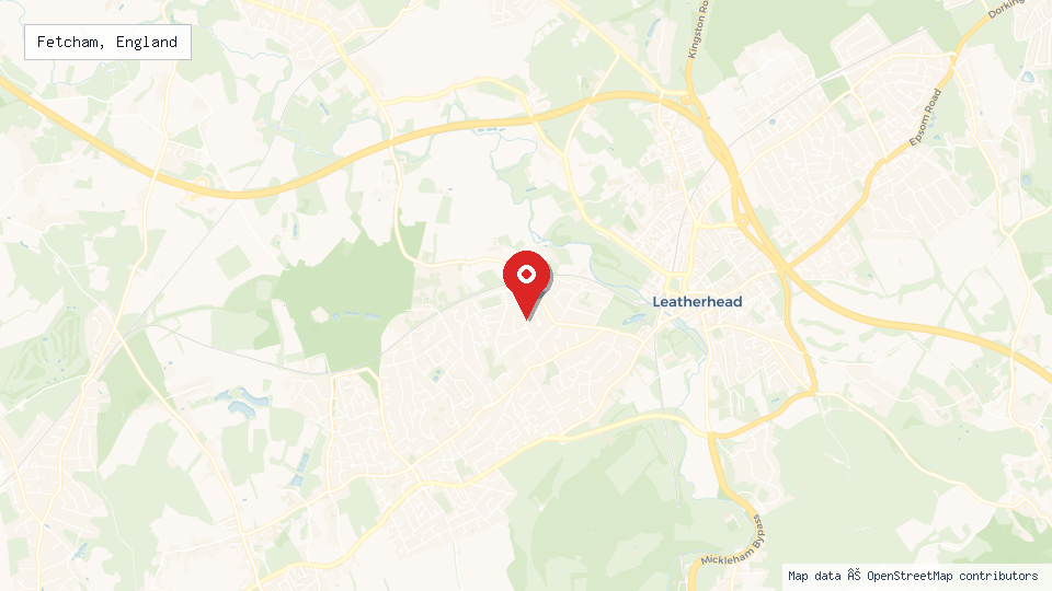 Street map of Fetcham, England with location pin