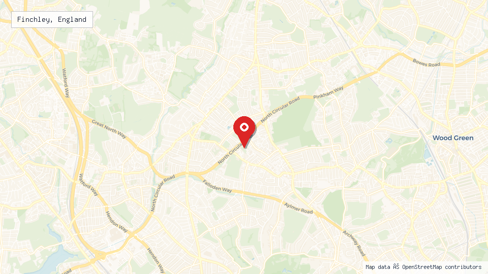 Street map of Finchley, England with location pin