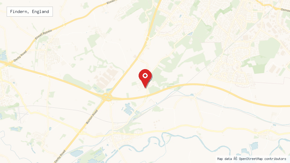 Street map of Findern, England with location pin
