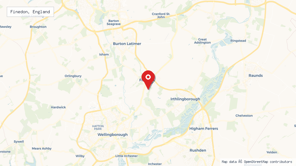 Street map of Finedon, England with location pin