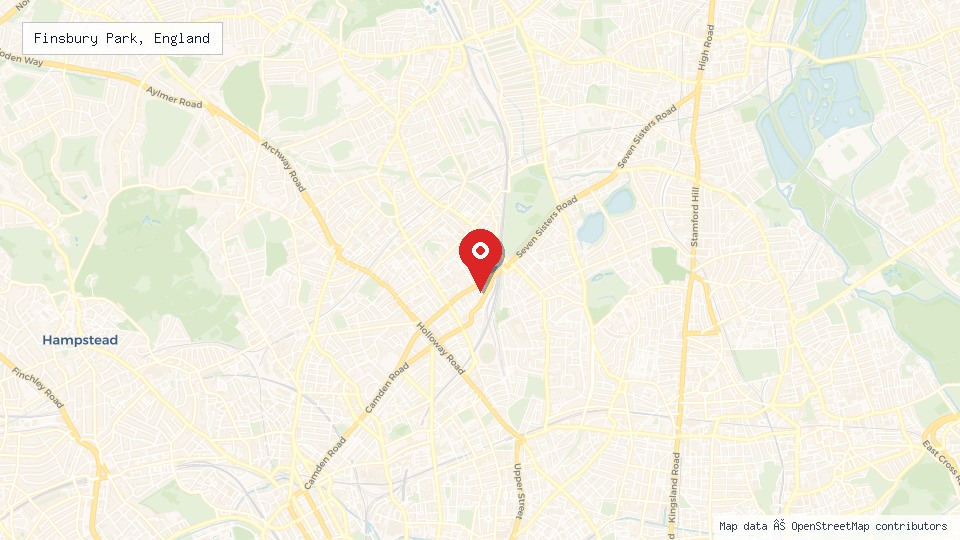 Street map of Finsbury Park, England with location pin