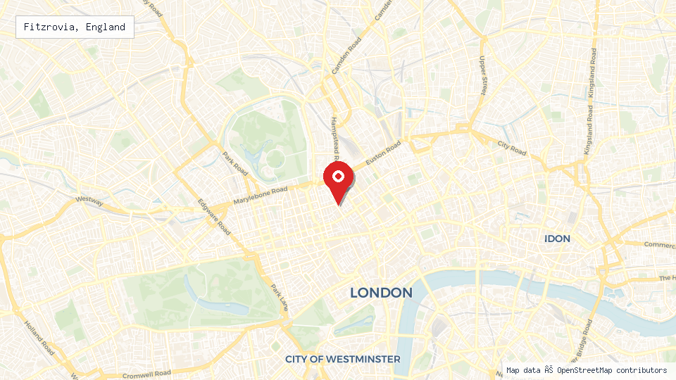 Street map of Fitzrovia, England with location pin