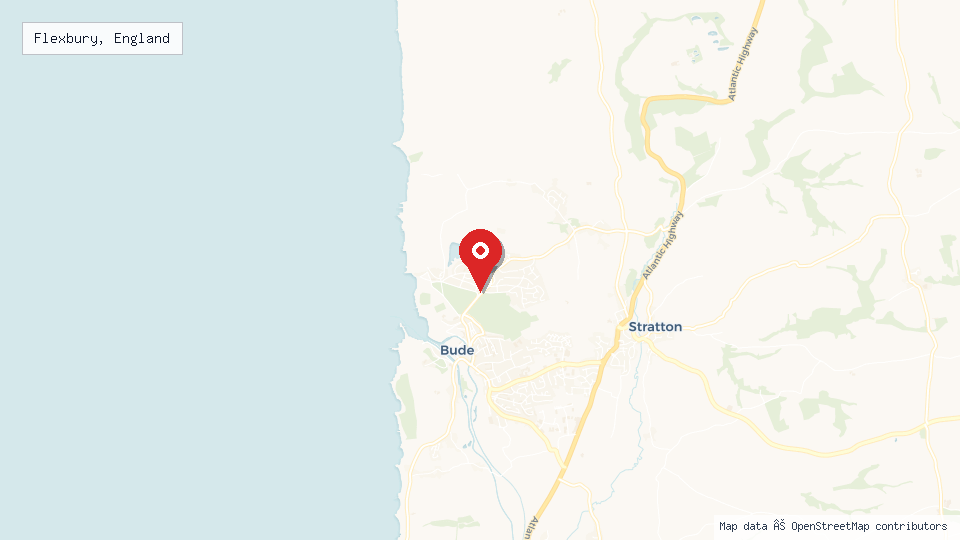 Street map of Flexbury, England with location pin