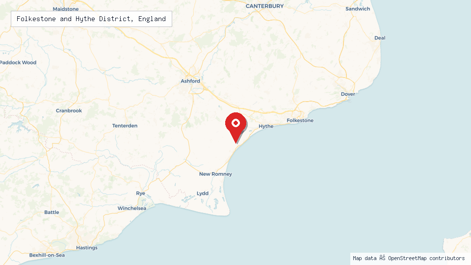 Street map of Folkestone and Hythe District, England with location pin