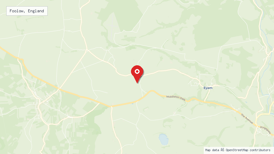 Street map of Foolow, England with location pin