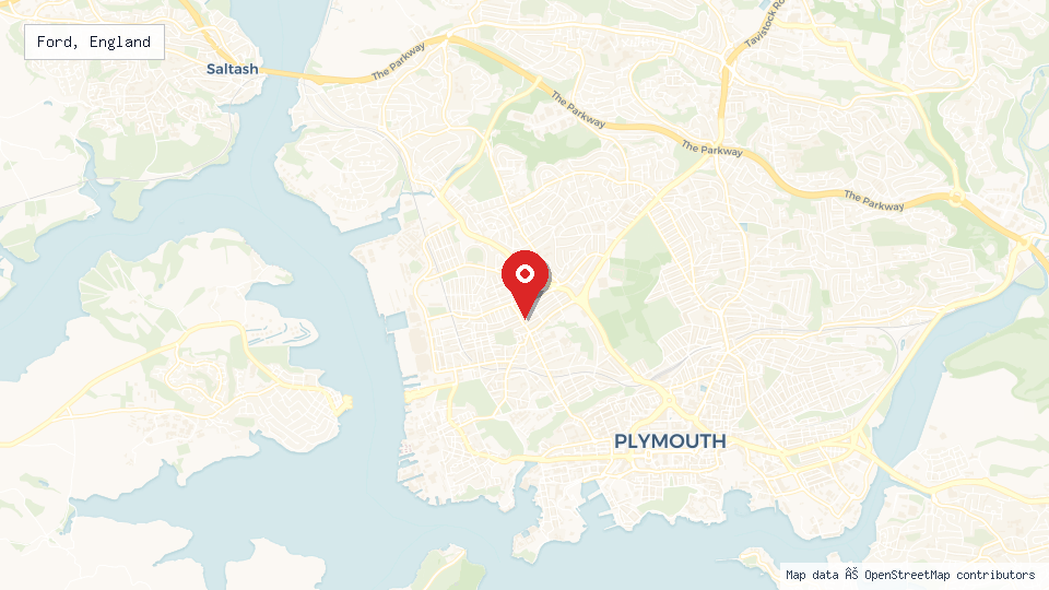 Street map of Ford, England with location pin