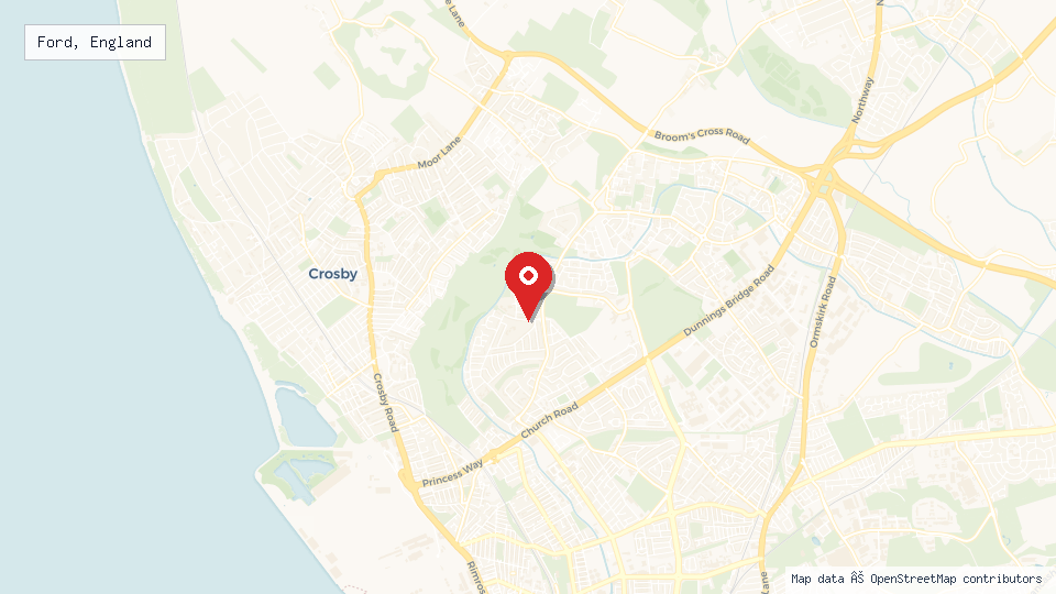 Street map of Ford, England with location pin