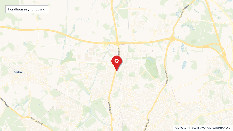 Street map of Fordhouses, England with location pin