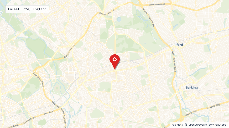 Street map of Forest Gate, England with location pin