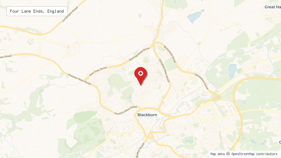 Street map of Four Lane Ends, England with location pin