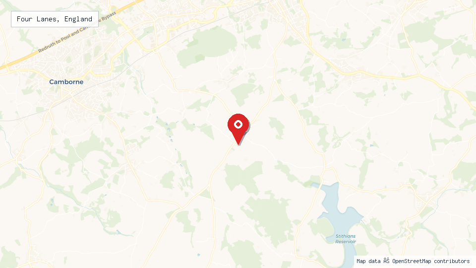 Street map of Four Lanes, England with location pin