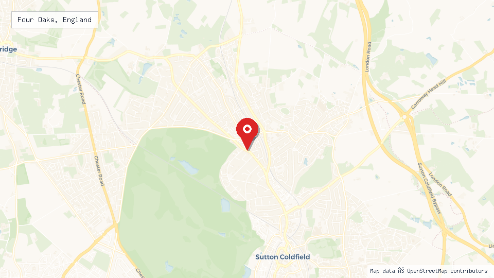 Street map of Four Oaks, England with location pin