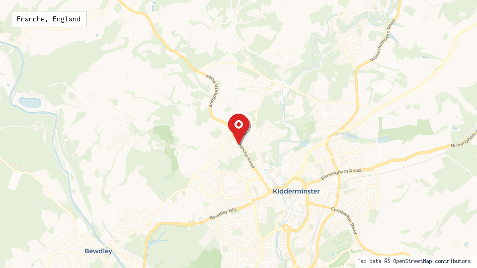 Street map of Franche, England with location pin