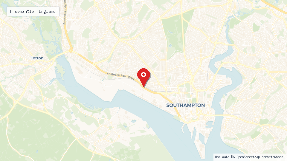 Street map of Freemantle, England with location pin