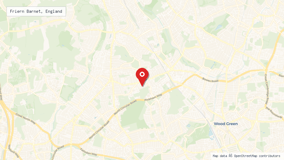 Street map of Friern Barnet, England with location pin