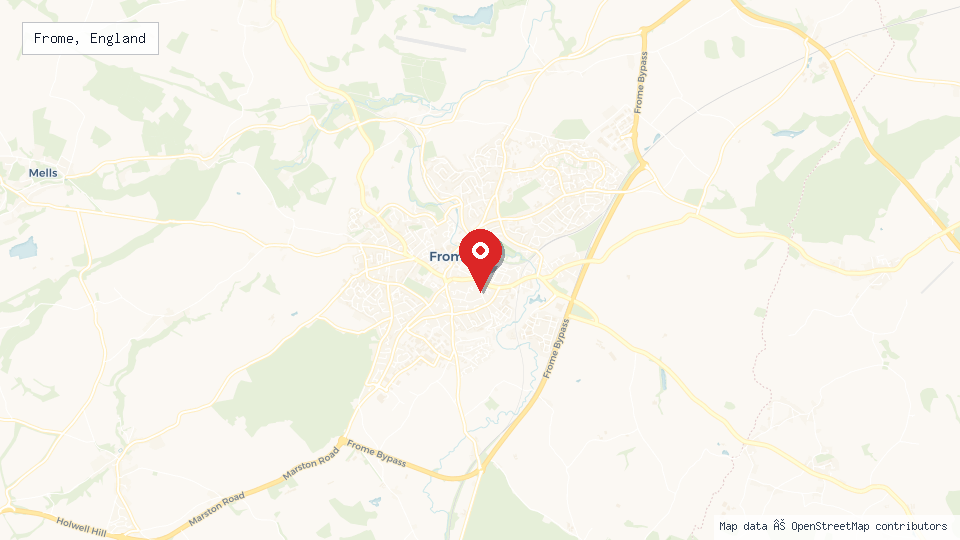 Street map of Frome, England with location pin