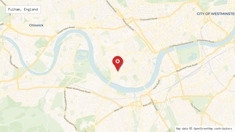 Street map of Fulham, England with location pin