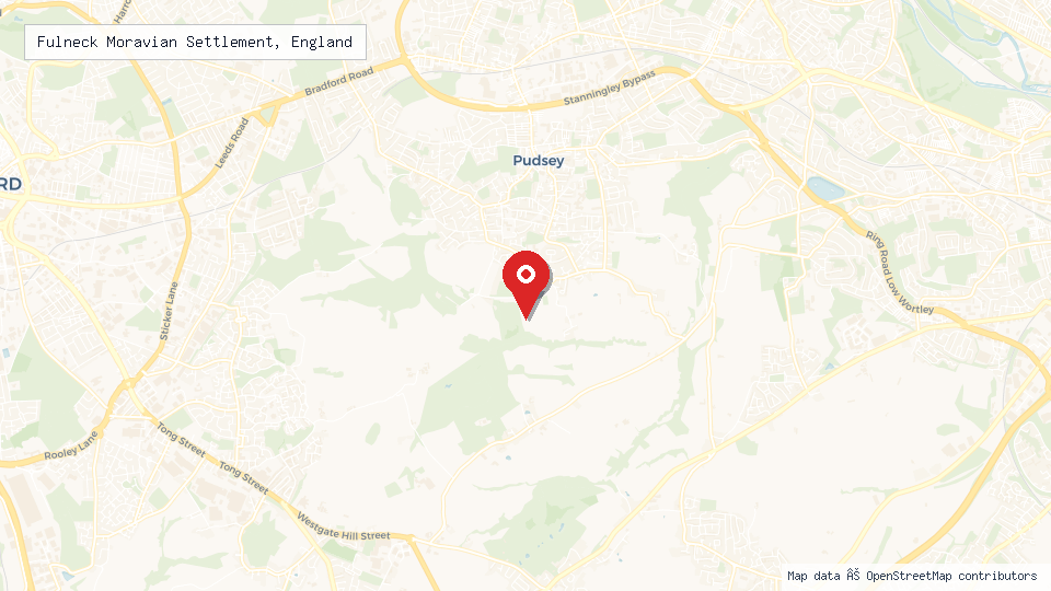 Street map of Fulneck Moravian Settlement, England with location pin