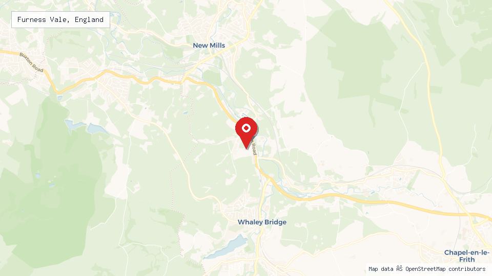 Street map of Furness Vale, England with location pin