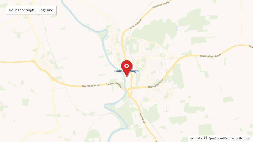 Street map of Gainsborough, England with location pin