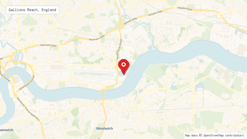 Street map of Gallions Reach, England with location pin