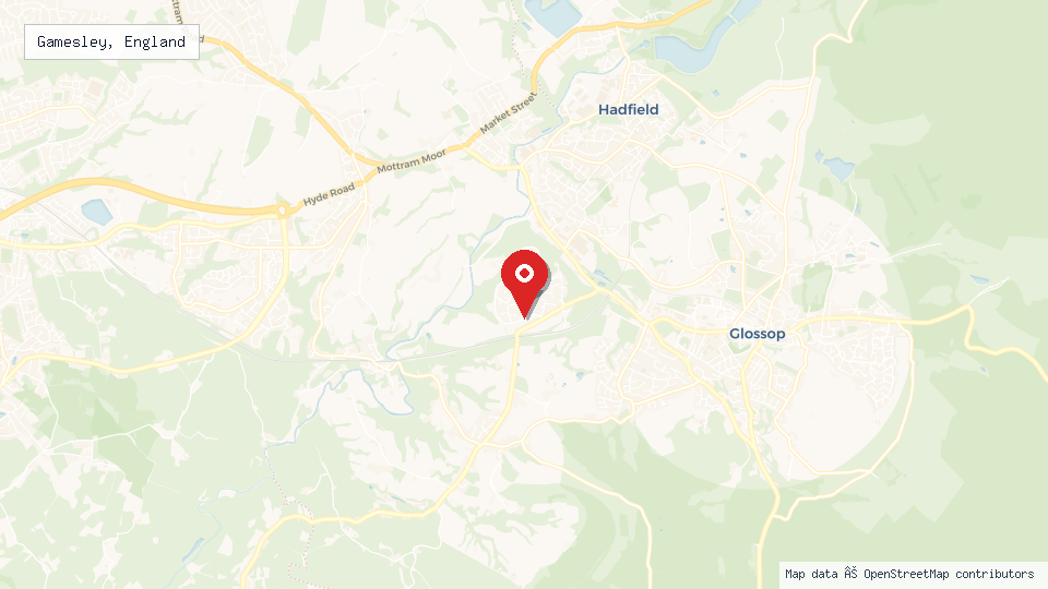 Street map of Gamesley, England with location pin