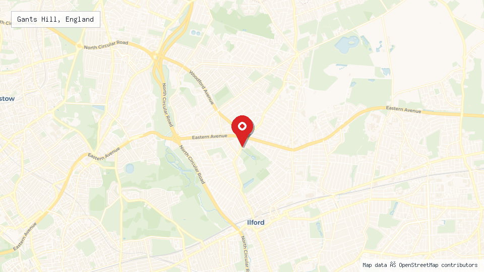 Street map of Gants Hill, England with location pin