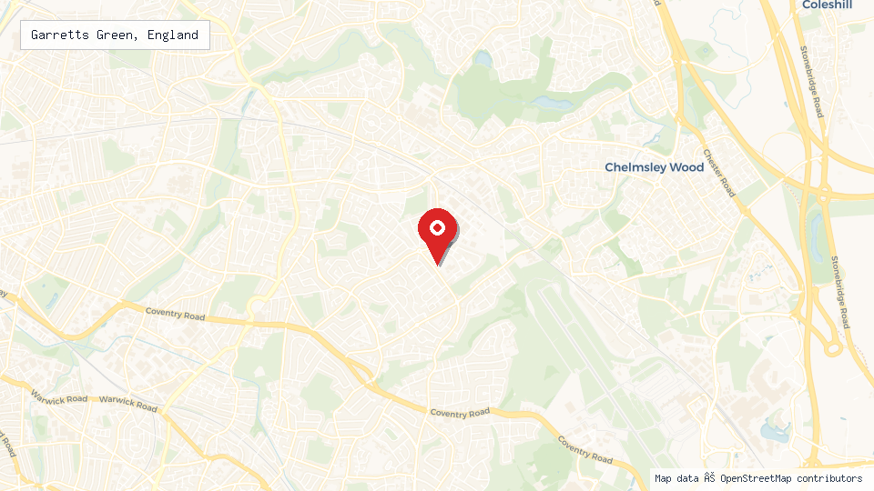Street map of Garretts Green, England with location pin