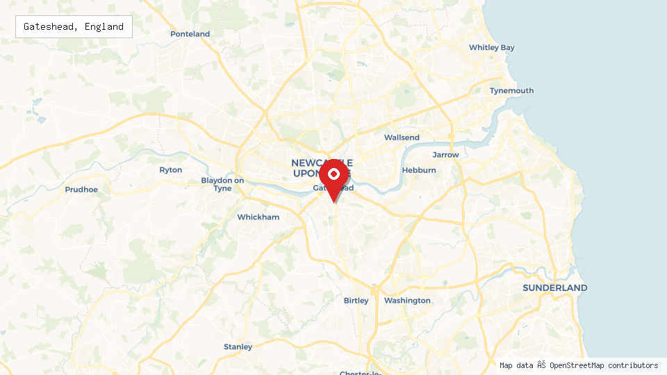 Street map of Gateshead, England with location pin