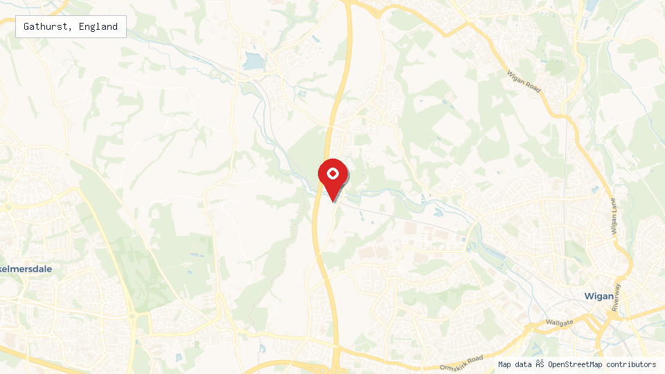 Street map of Gathurst, England with location pin