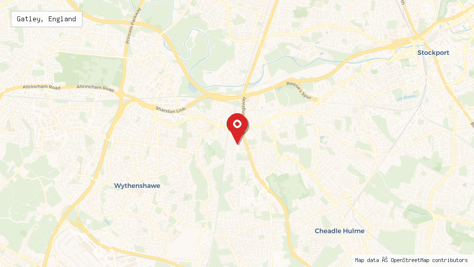 Street map of Gatley, England with location pin