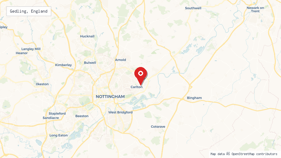 Street map of Gedling, England with location pin
