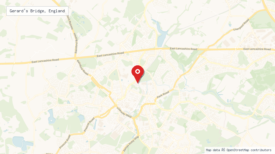 Street map of Gerard's Bridge, England with location pin