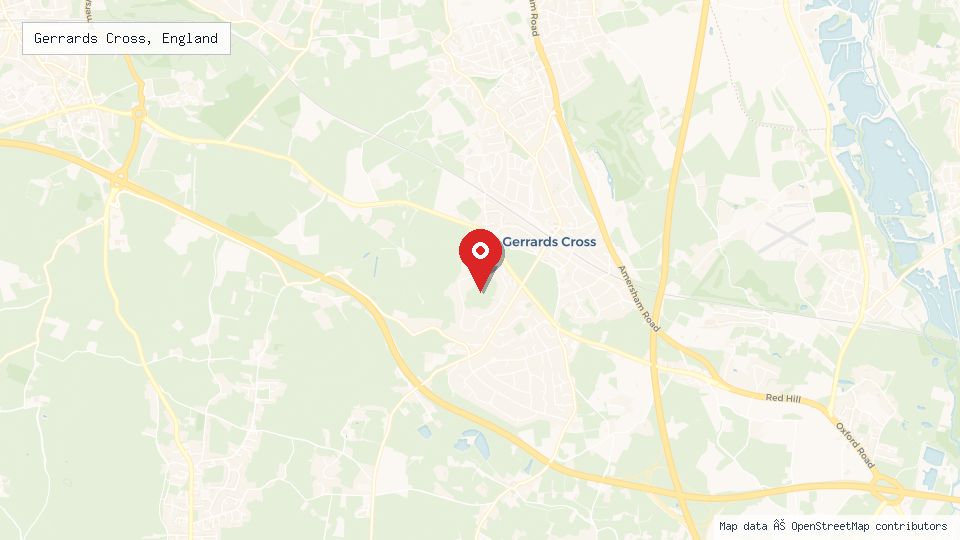 Street map of Gerrards Cross, England with location pin