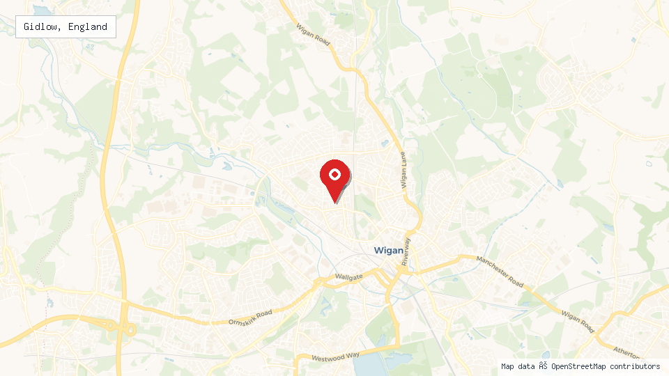Street map of Gidlow, England with location pin