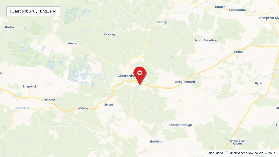 Street map of Glastonbury, England with location pin