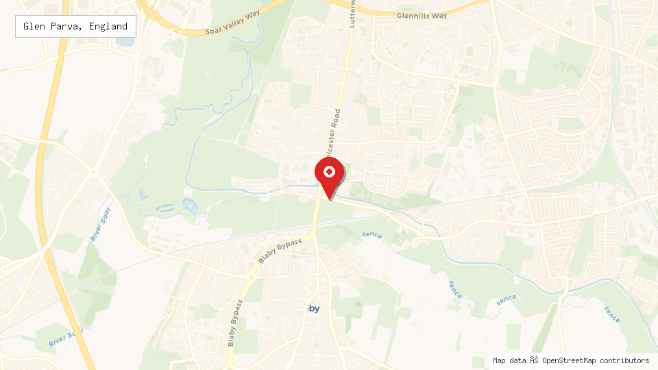 Street map of Glen Parva, England with location pin