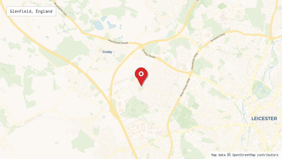 Street map of Glenfield, England with location pin