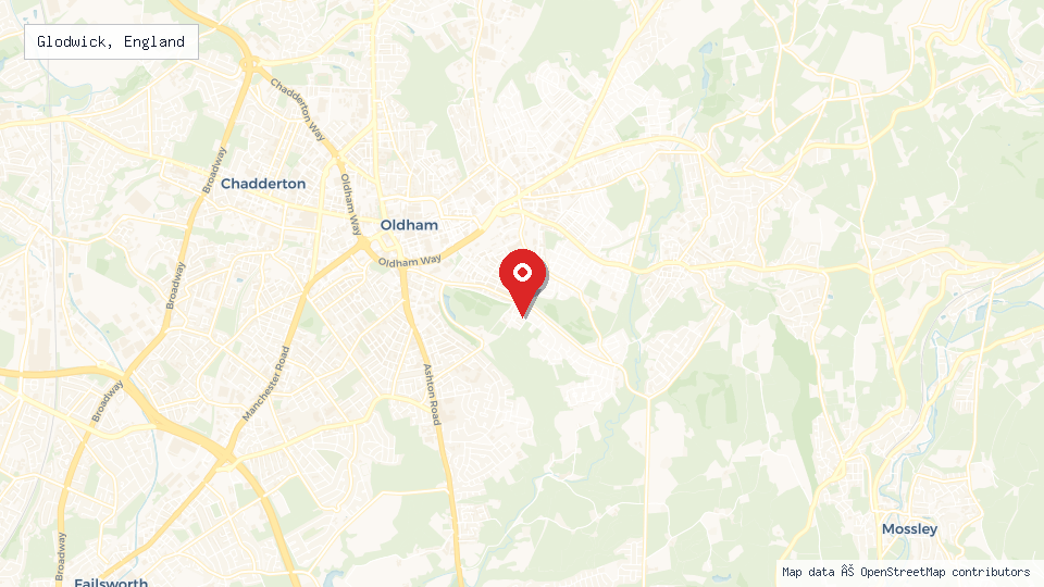 Street map of Glodwick, England with location pin