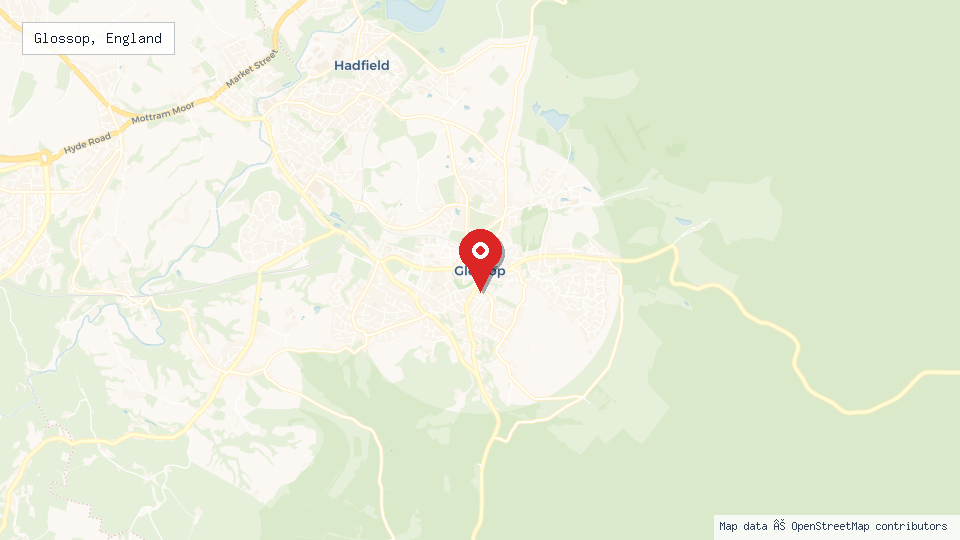 Street map of Glossop, England with location pin